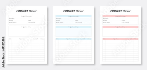 3 Set of Minimalist planner template design. Project planner template design. Printable minimal planner template set.
