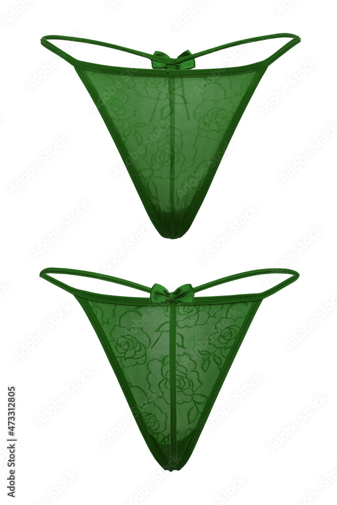 Detail shot of green erotic string panties. Sexy lingerie is isolated on the white background. Front and back views. Detail shot of green erotic string panties. Sexy lingerie is isolated on the white background. Front and back views.