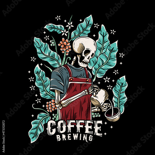 vintage skeleton barista make a cup of coffee illustration