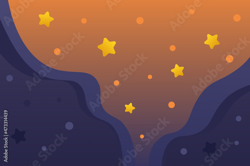 Vector sky illustration in dark blue and orange colors. Magical digital art. Use for fabric print, poster, web site or mobile app background. Tranquil peaceful vibrant drawing. Bright space and stars.