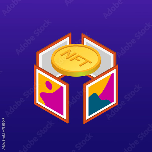 Crypto art investing concept. NFT non fungible token. Crypto art. Gold coin NFT and paintings. nft art. Vector isometric illustration.