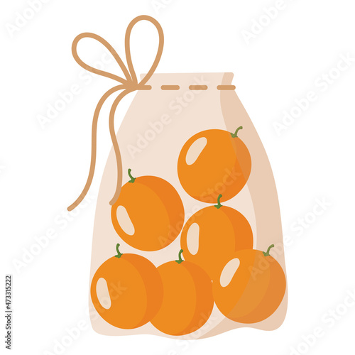 Fabric transparent reusable eco bag for weighing food, vegetables and fruits without using plastic bag with orange.