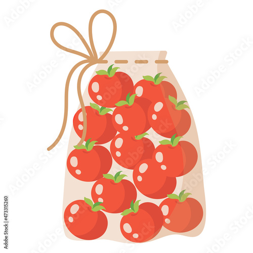 Fabric transparent reusable eco bag for weighing food, vegetables and fruits without using plastic bag with tomato.