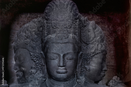 Trimurti in Elephanta caves near Mumbai, Maharashtra, India, Asia