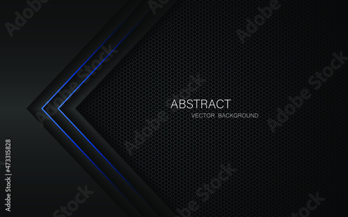 Abstract black and blue polygons overlapped on dark steel mesh background with free space for design. modern technology innovation concept background 