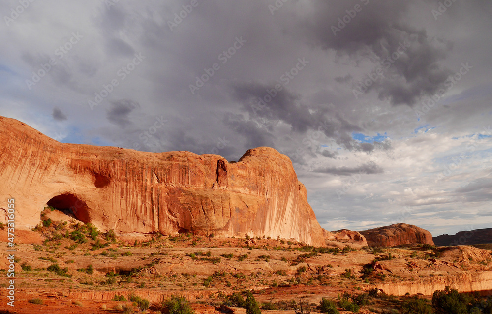 Fascinating red cliffs in the surroundings of Moab. Typical Utah landscape at sunset, USA.
