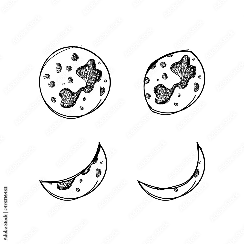 Moon Different Phases, Hand Drawn Sketch Style Illustration, Outline Black Drawings Isolated.