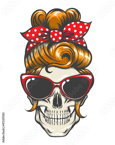 Pinup Hairstyle Skull with Sunglasses and Bandana Tattoo