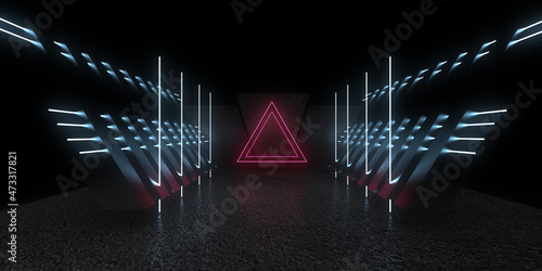 3D abstract background with neon lights. neon tunnel  .space construction . .3d illustration © andrii