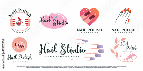 Set of nail polish studio or nail art logo design template with creative element Premium Vector