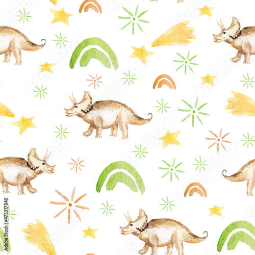 Triceratops rainbow and flowers watercolor seamless pattern. Template for decorating designs and illustrations.