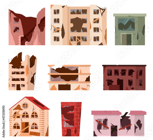Abandoned houses set. Ruined abandoned houses set, old buildings, broken dilapidated dwelling, supermarket real estate