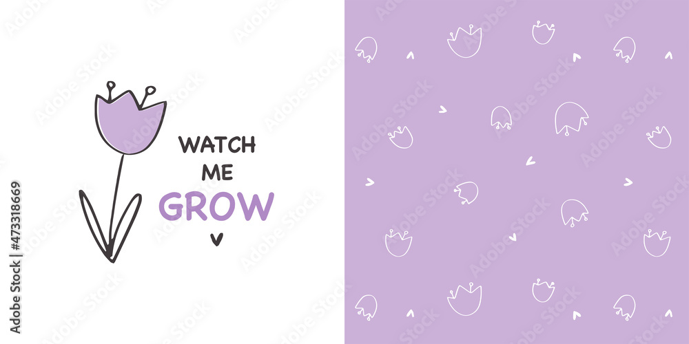 Baby girl clothing print design with flower accent print, watch me grow phrase and coordinating seamless pattern in pastel colours.