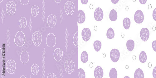 Easter egg seamless pattern in lilac and white pastel colors. Beautiful soft background for spring holiday poster.
