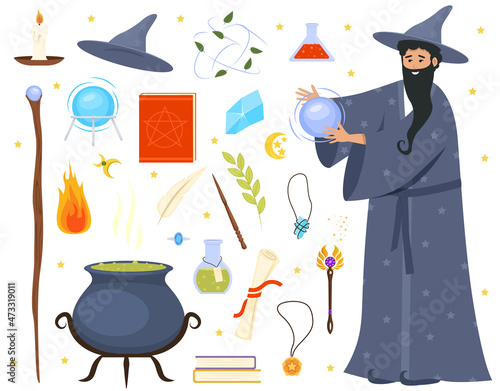 Wizard with magic attributes on white background vector illustration. Collection of magical symbols. Set of magician tools and male wizard character.