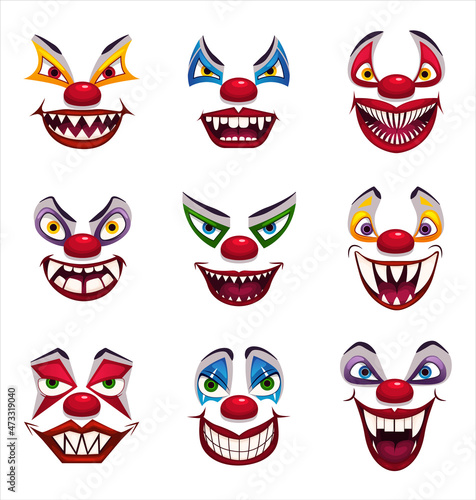 Crazy clowns faces on white background. Fantastic scary clown. Isolated on white. Scary vector.