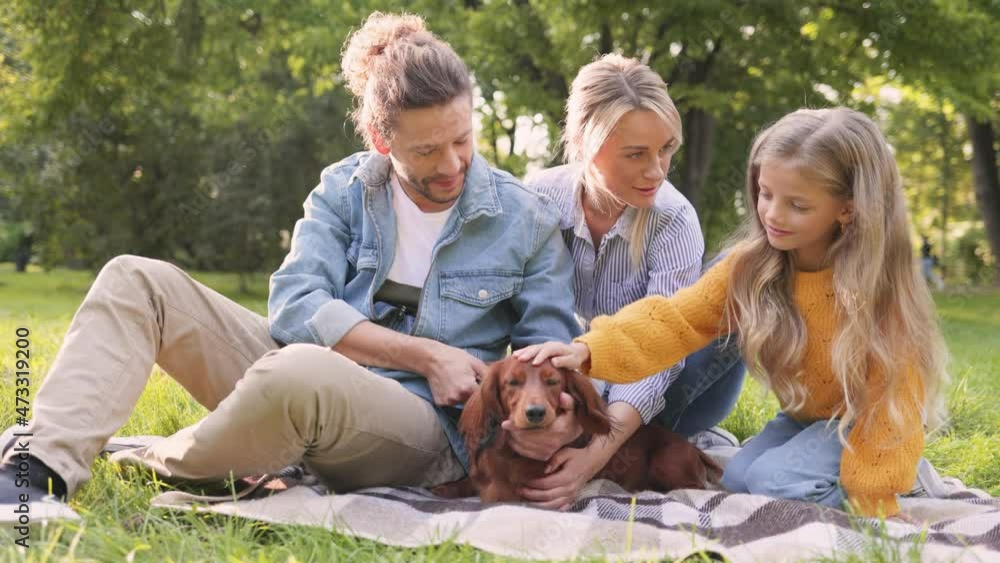Full length view of the couple in love man and woman spending time with their daughter and pedigree dog in the summer park while sitting at the green grass Full length view of the couple in love man and woman spending time with their daughter and pedigree dog in the summer park while sitting at the green grass