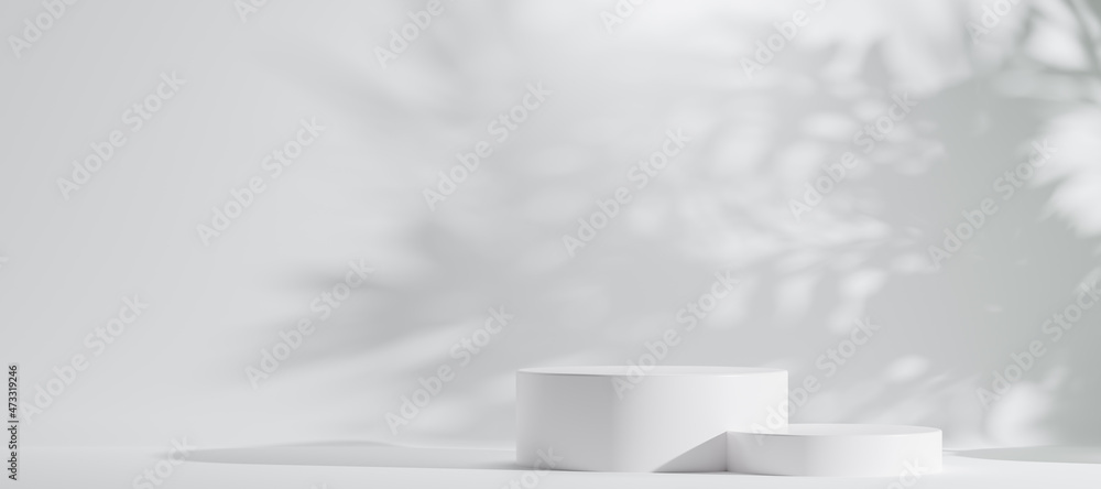 Minimal abstract luxury white podiums block for product presentation with empty stage, Sunshade shadow on beige and shadows of tree leaves, Pedestal for cosmetic product, 3d render illustration. - obrazy, fototapety, plakaty 