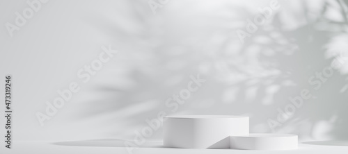 Minimal abstract luxury white podiums block for product presentation with empty stage, Sunshade shadow on beige and shadows of tree leaves, Pedestal for cosmetic product, 3d render illustration.