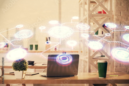 Double exposure of social network theme drawing and office interior background. Concept of web.