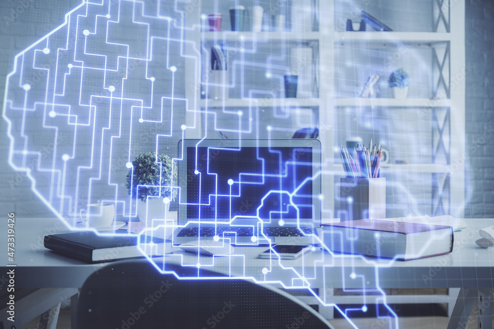 Double exposure of brain drawing and office interior background. Concept of data technology. Double exposure of brain drawing and office interior background. Concept of data technology.