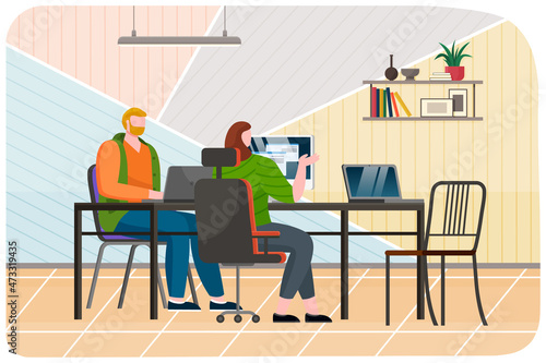 Work on computer in office. People working with technoogy and communicating. Workplace communication, having conversation, positive discussion of colleagues. Staff brainstorming during work