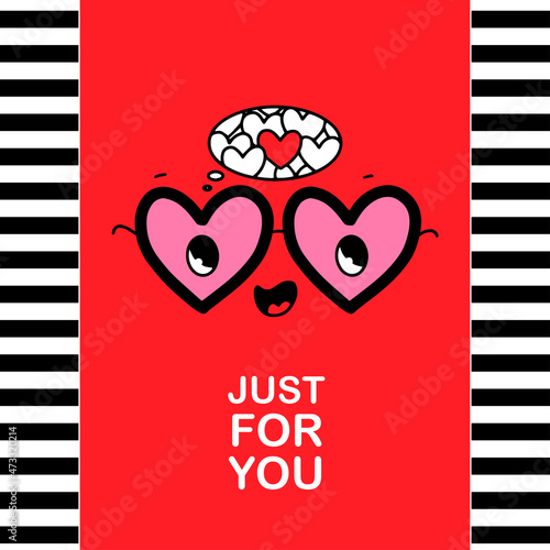 Valentines day heart shape glasses, romantic thought bubble vector graphic, just for you phrase and stripe seamless pattern design set in 30s cartoon retro style for gift bag, packet or card. Red, bla
