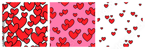 Cartoon heart with black outline seamless pattern. 30th retro style vector design for Valentine's day or any romantic occasion gift wrapping, fabric or poster one directional background.