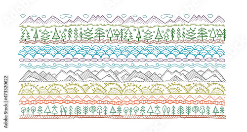 Abstract Nature Pattern Frame for your design. Forest and Mountain icons. Eth...