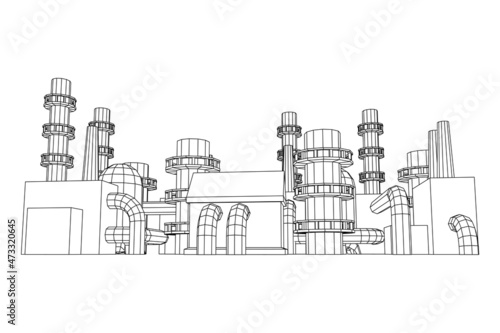 Industrial building factorie facilitie power plant with chimneys. Wireframe low poly mesh vector illustration.