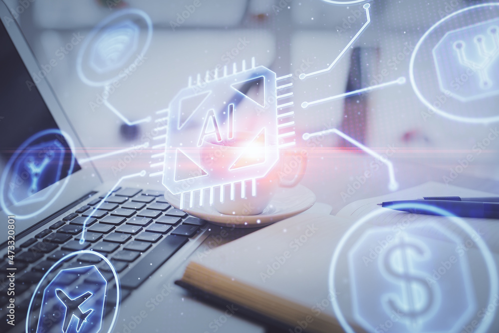 Double exposure of technology theme drawing and desktop with coffee and items on table background. Concept of data research. Double exposure of technology theme drawing and desktop with coffee and items on table background. Concept of data research.