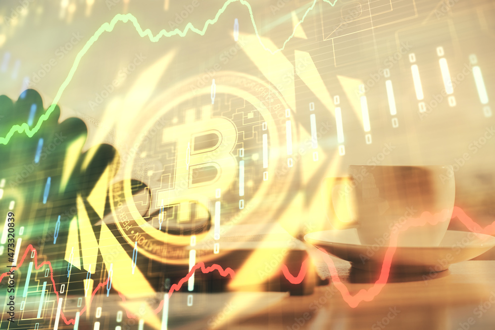 Fototapeta premium Double exposure of crypto technology drawing and desktop with coffee and items on table background. Concept of blockchain