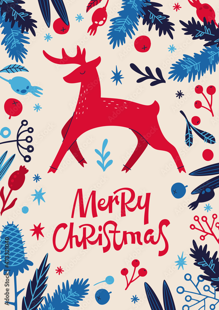 Vector illustration with Merry Christmas text and deer