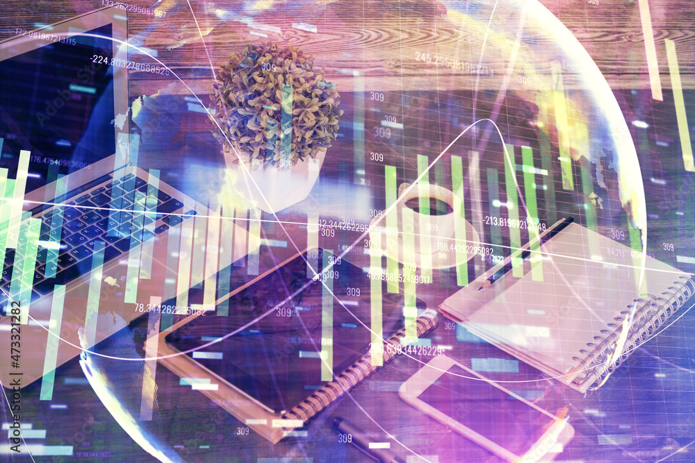 Double exposure of financial theme drawing and cell phone background. Concept of business Double exposure of financial theme drawing and cell phone background. Concept of business