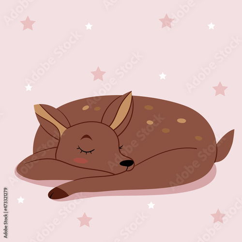 A cute deer sleeps on a pink background. Children's illustration. Fabulous character. Forest animal.