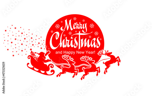 Santa Claus in a sleigh scatters stars against the background of the full moon. Vector christmas card template