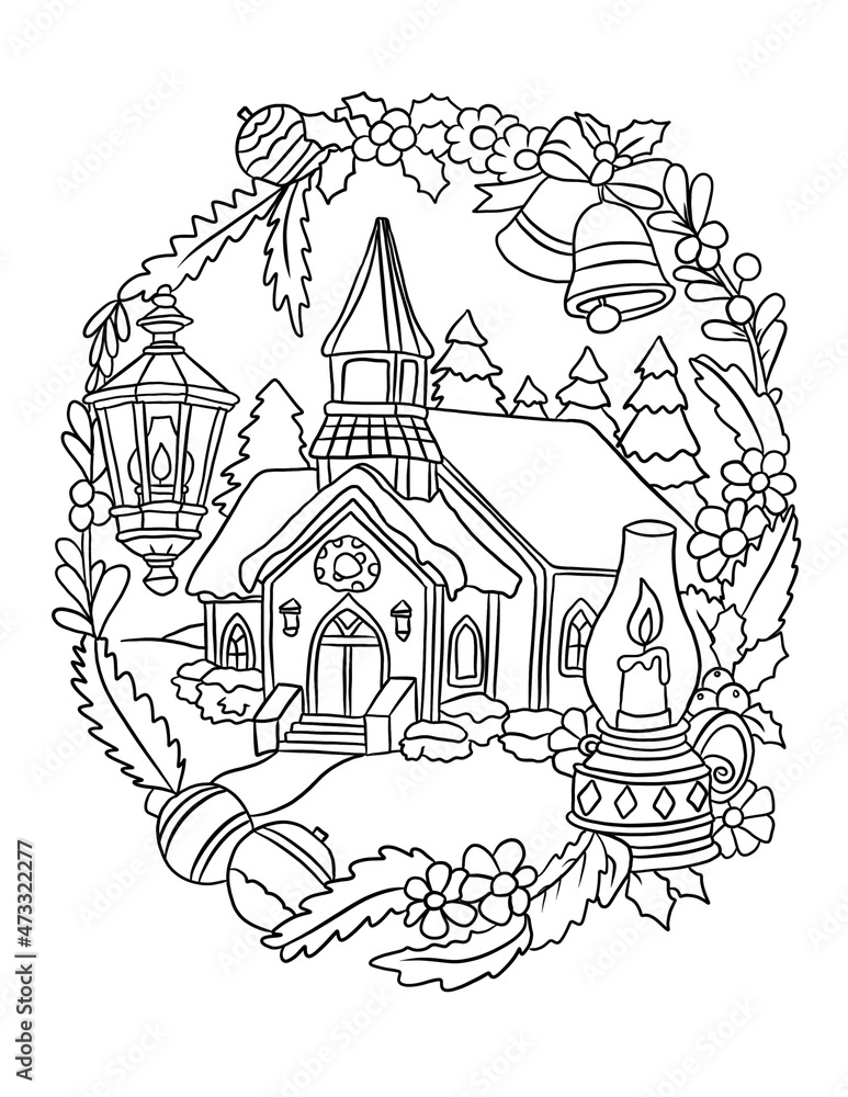 Obraz premium Christmas drawing of a house colouring book 