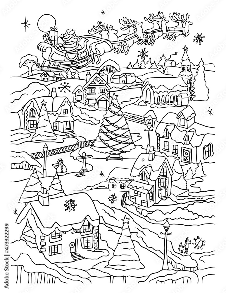 Christmas village in the mountains colouring book 