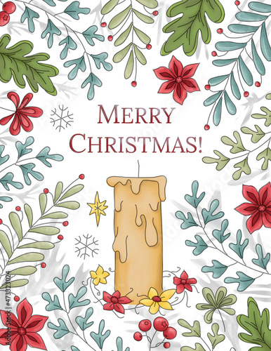 Merry Christmas. Hand drawn watercolor greeting card.  Christmas tree branches, candle and berries. Holiday background. Festive illustration 