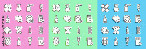 Set line Medicine bottle and pills, DNA symbol, Medical with nozzle spray, Heart cross, Bottle nasal, Crossed bandage plaster and Shield heart rate icon. Vector