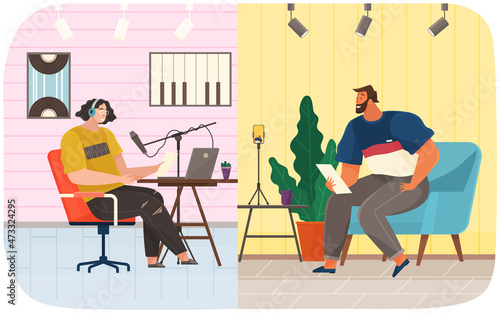Characters giving interview to journalist. Live report, press conference with guests of radio station. People communicate during podcast. Live communication at interview. Recording audio podcast