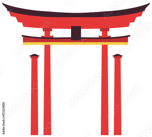 Japan gate isolated on white, torii gate, japanese gate. Chinese and Japanese architecture temple, cathedral object isolated on white. Entrance has asian style roof, decorated with hanging lanterns