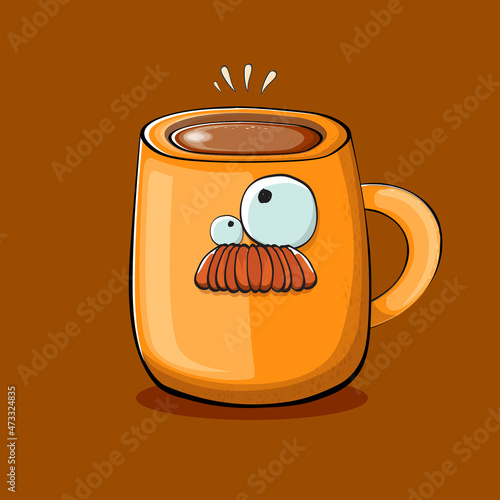Vector cartoon coffee cup character with smiling faces isolated on brown background. Funky Kawaii orange coffee mug character. Good morning concept illustration with funny coffee