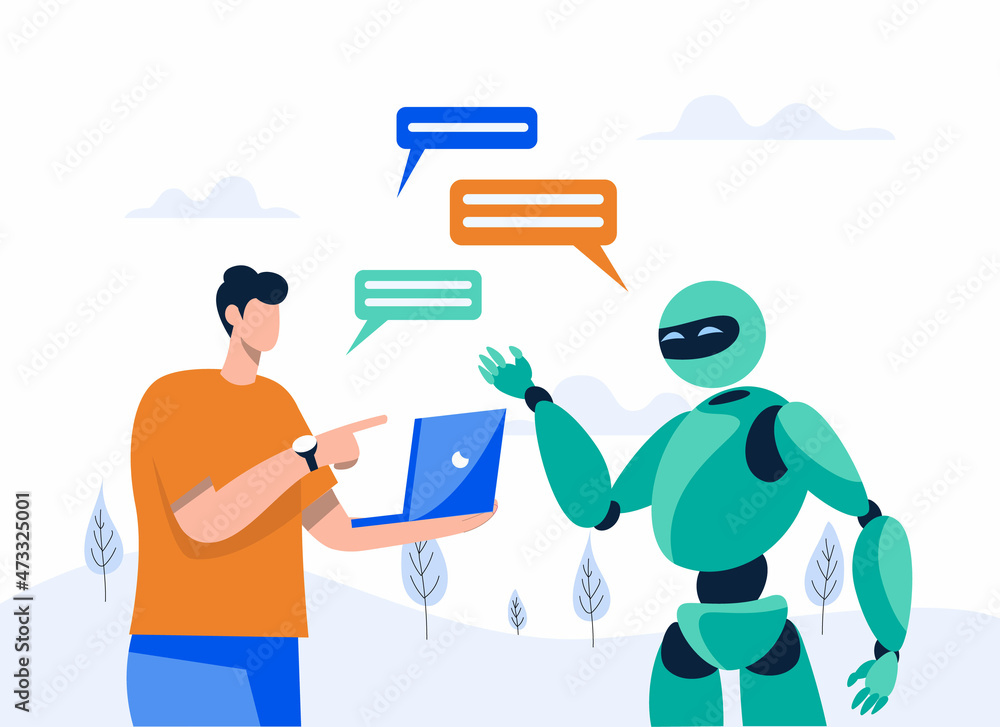 Artificial intelligence doing tasks at laptop. automatic agent assignment, Robot chat with man illustration concept vector