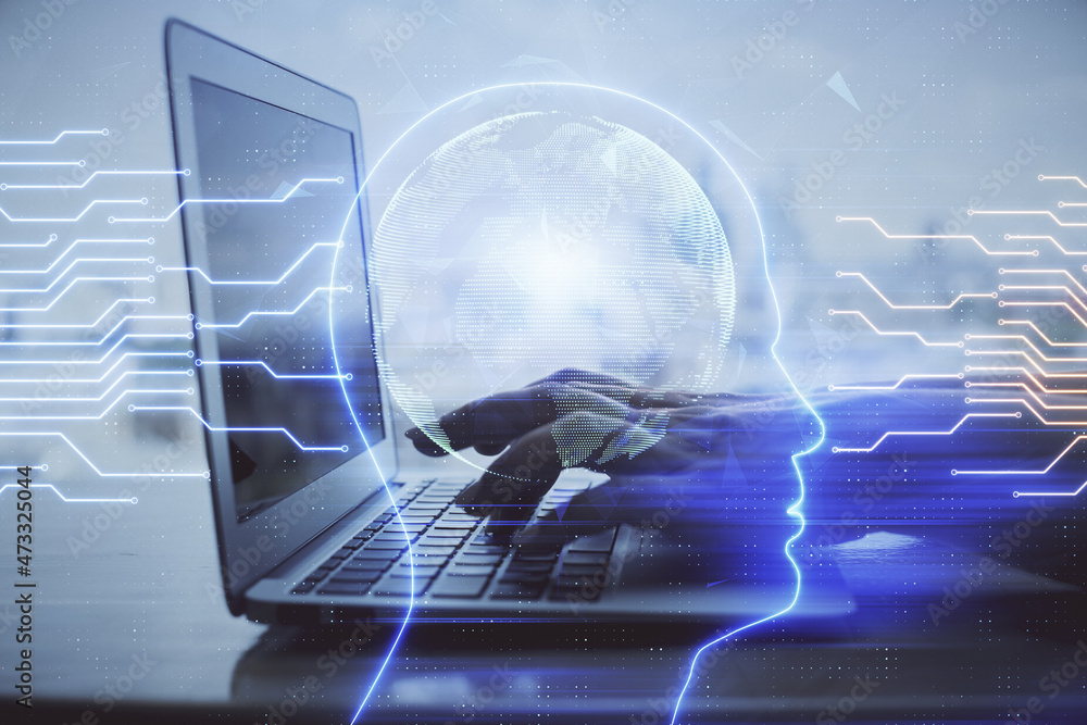 Multi exposure of woman hands working on computer and brain hologram drawing. Ai concept. Multi exposure of woman hands working on computer and brain hologram drawing. Ai concept.