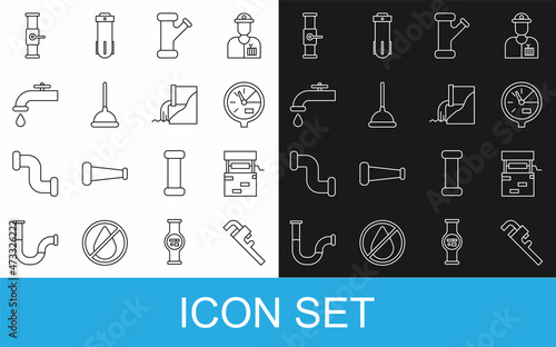 Set line Pipe adjustable wrench, Well, Water meter, Industry metallic pipe, Rubber plunger, tap, and valve and Wastewater icon. Vector