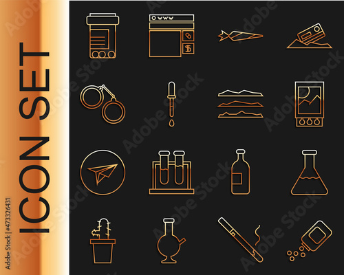 Set line Medicine bottle and pills, Test tube flask, Open matchbox matches, Marijuana joint, Pipette, Handcuffs, and Cocaine or heroin drug icon. Vector
