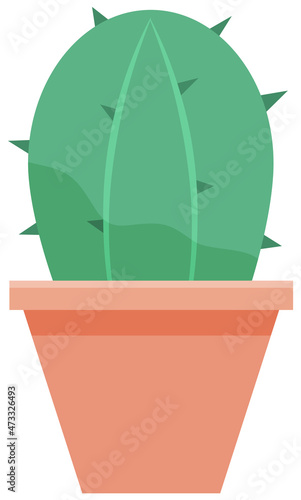 Wild cactus green color plant in clay pot. Desert flora grower with prickly needles. Succulent oval form. Spiny plant. Prickly pear, barrel, hedgehog cactuses, saguaro. Isolated vector illustration