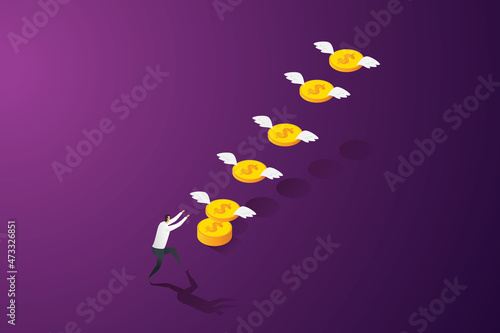 Businessman ran to catch the flying coin escape.