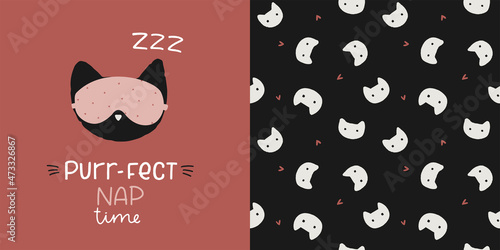 Word play Nap time phrase with cat in a sleep mask clipart and abstract kitten seamless pattern. Vector graphic set for pajama print in soft terracotta and black colours. photo